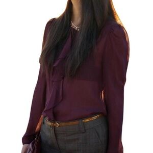 Anthropologie Moulinette Soeurs Plum Purple Silk Ruffle Front Sheer Blouse 8